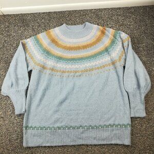 2021 J Crew Sweater Fair Isle Wool Alpaca Puff Sleeve Raglan Blue Womens Large